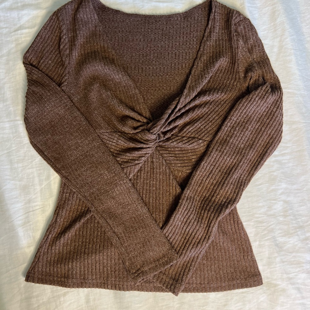 Brown Ribbed Knit Top with Twist Front
